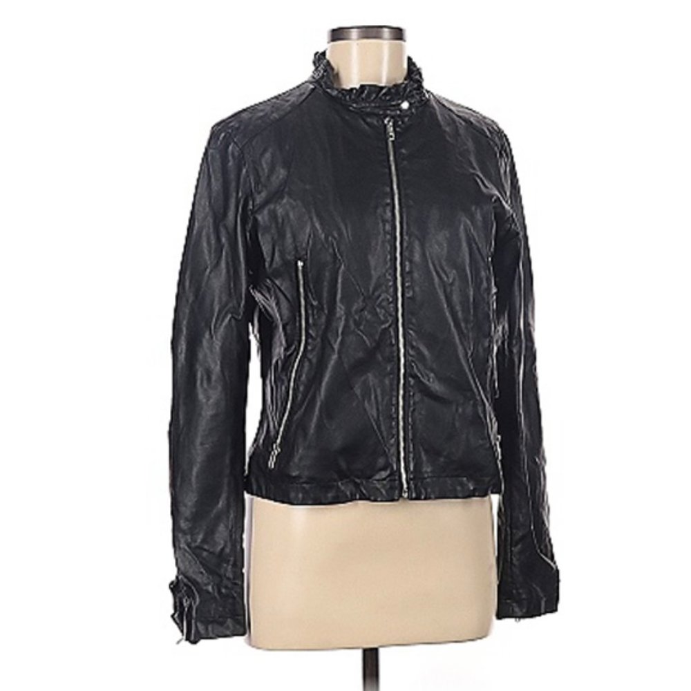 Faux leather jacket with ruffle trim